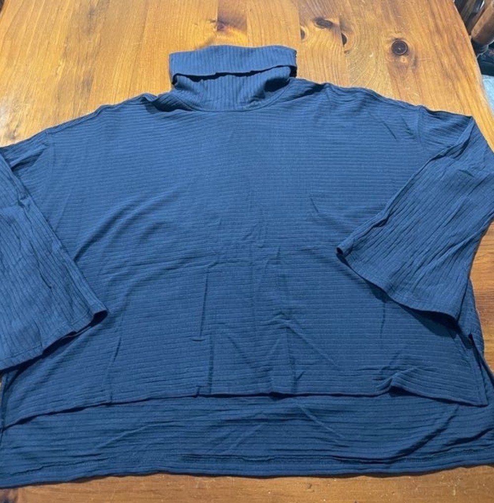 Free People Movement Womens Navy Blue Ribbed Oversized Funnel Neck Long Sleeve